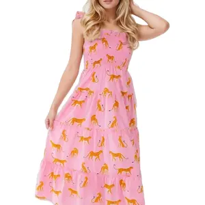 来样定做工厂度假涤纶粉色动物印花吊带背心百褶裙性感优雅休闲生日女装