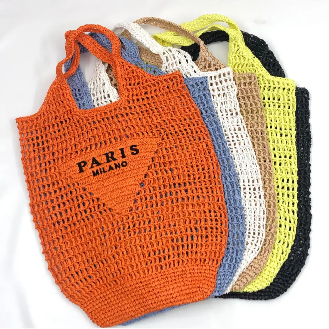 Katalog mewah tas jerami rafia dengan Logo pas segitiga tas Tote pantai musim panas tas belanja tas tangan