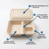 Offre Spéciale : Boîte à lunch 3 compartiments en bagasse de canne à sucre 25x18,5cm, jetable, biodégradable, micro-ondable avec couvercle pour la restauration scolaire