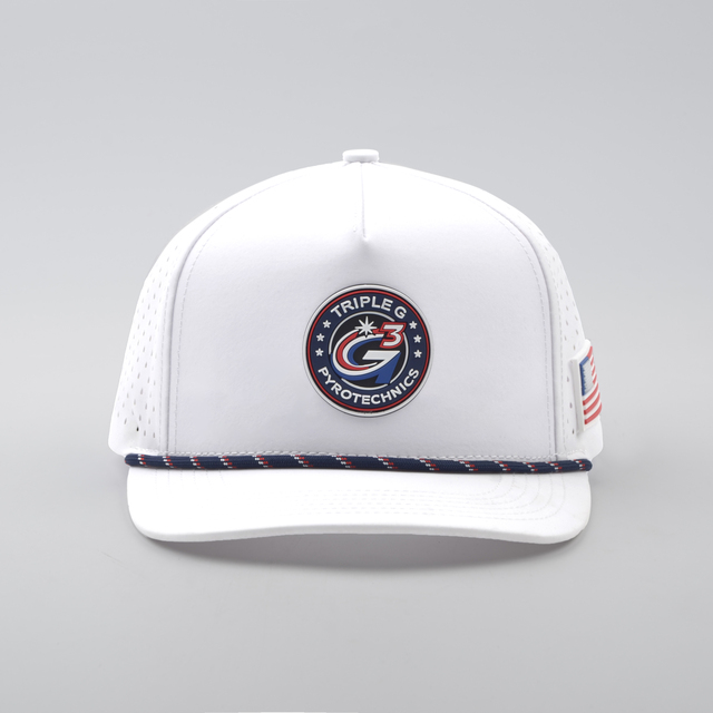Custom Golf Rope Hat with PVC Patch Perforated Baseball Cap 5 Panel Baseball Cap Performance Hat Waterproof Sports Hats for Men