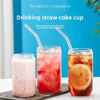 Bouteille d'eau réutilisable en verre sans BPA de 16 oz en forme de canette avec couvercle en bambou et paille, pour café glacé, coffrets cadeaux, bureau et maison