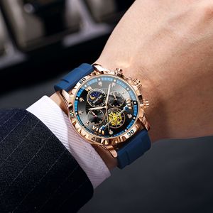 Binbond Men's Mechanical Watch 30M Waterproof Chronograph Moon Phase Luminous Blue Strap Multifunctional Watch - Product Image 2