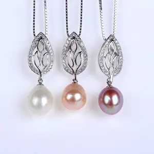 Bán Buôn Trang Sức Thời Trang Mặt Dây Chuyền Hình Lá Bạc Sterling 925 Ngọc Trai Nước Ngọt Nuôi Cấy Với Kim Cương Giả Rỗng 1594002