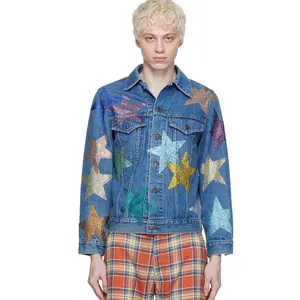 Genç sıcak satış grafik aplikler rahat Denim ceket mavi Rhinestone yıldız kapsül jean ceketler erkekler için