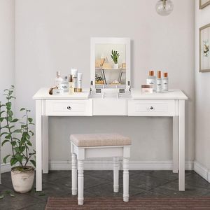 Bureau de maquillage avec dessus rabattable, 2 tiroirs et organisateur amovible, bureau de toilette pour chambre à coucher, bureau d'écriture pour filles et femmes, blanc - Product Image 3
