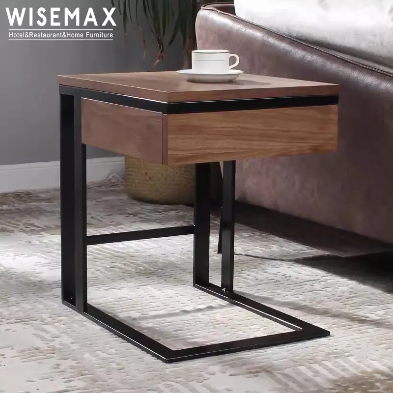 WISEMAX furnitur meja teh Modern kabinet penyimpanan kaki logam hitam persegi dengan meja kopi kayu tarik untuk apartemen Hotel