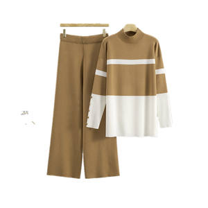 Abito europeo da <span class=keywords><strong>donna</strong></span> autunno inverno sportivo a righe alla moda Casual ampio a due pezzi Set Cross-Border <span class=keywords><strong>pantaloni</strong></span> a gamba larga modello solido - Product Image 5