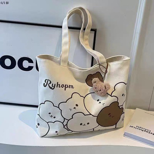 Custom Cartoon Bear Print Canvas Tote Bag Reusable <b>Handbag</b> with OEM Service for Women - Product Image 4