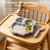 Assiette Bébé en Silicone à Ventouse avec Compartiments, Motif Hibou de Dessin Animé, Sans BPA, Qualité Alimentaire, pour Repas d'Enfants