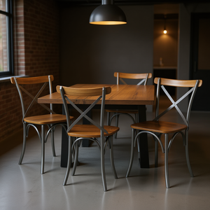 Industrial <b>Dining</b> <b>Chairs</b> Set Of 4 Wood And Metal Brown <b>Silver</b> Design For Commercial Use - Product Image 2