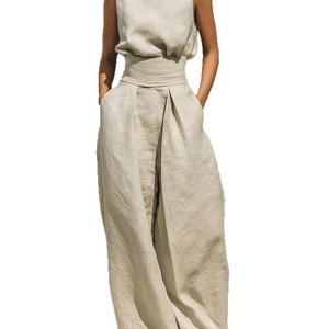Conjunto de verano informal de pantalones anchos y top sin mangas de mezcla de lino para mujer, talla grande, Dropshipping Shopify - Product Image 1