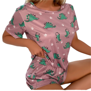2 Pieces Ladies Dinosaur Print Summer Breathable Soft Knitted Lounge Wear T-shirt Top and Shorts Pajamas Set - Product Image 1