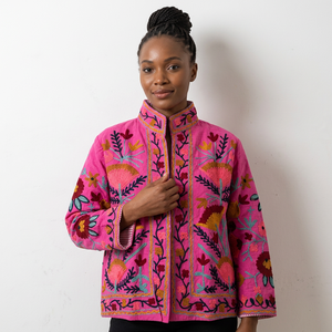 Blouson bomber réversible en velours tricoté brodé Suzani rose, style vintage hippie, automne-hiver, respirant, en nylon et laine - Product Image 1