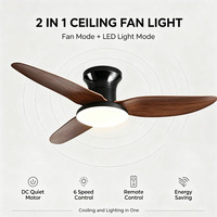 Ventilateur de plafond moderne et épuré avec lumière LED à moteur DC dimmable, 3 pales en bois, corps en fer et abat-jour en acrylique
