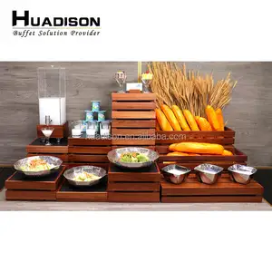 Huadison catering equipment buffet stand wood food display natural unique banquet elevation riser