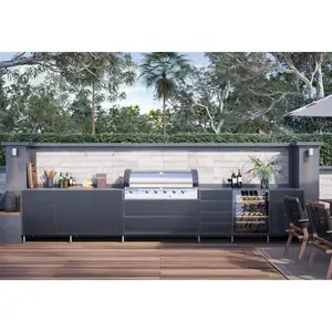 Cucina all'aperto del giardino dell'isola del BBQ della griglia esterna dell'acciaio inossidabile nero su misura di lusso con il frigorifero