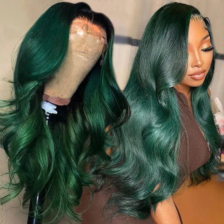 Peluca de cabello humano ondulado de color verde oscuro, pelucas frontales de encaje transparente 13x6 para mujeres negras, peluca frontal completa prearrancada 13X4 HD