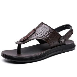 Sandales à sangle en T pour hommes, en cuir de vache marron, antidérapantes, chaussures de plage d'été, tongs décontractées pour l'extérieur, couleur unie - Product Image 5