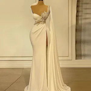 Charming Asymmetrical Beading Mermaid Wedding Dress with Ruffles African Crystal Pearls Bead Women Satin Leg Slit Gown with Cape