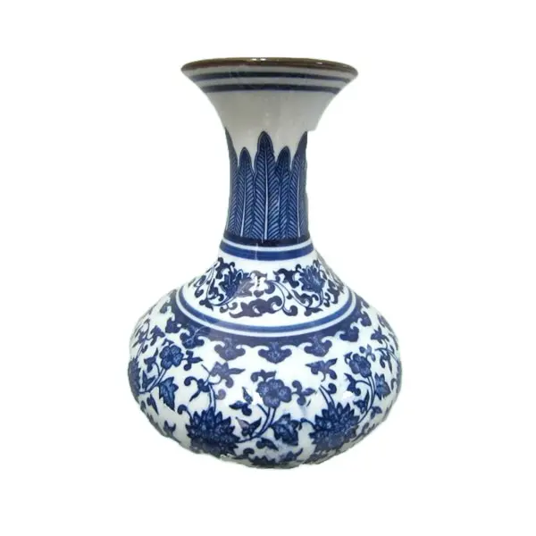 Vase en céramique antique, vase chinois glacé de fleurs bleues et blanches