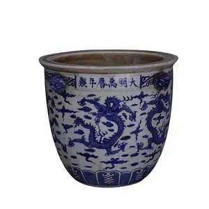 Antik dicat tangan keramik cina pot naga biru dan putih keramik antik ornamen silinder untuk dekorasi interior