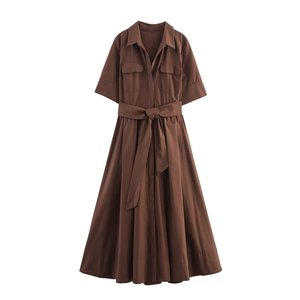 Robe décontractée rayée bleue Istapromo pour femme, manches courtes, col rabattu, robe longue ceinturée, coupe trapèze, tenue d'été - Product Image 4