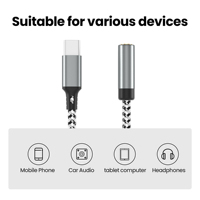 Adaptador de Auriculares USB-C a 3.5mm, Cable de Audio Tipo-C con Trenzado de Nailon para Audio de Alta Fidelidad