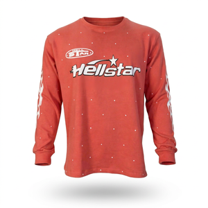 T-shirt à manches longues personnalisé rose corail avec motif flamme, style streetwear vintage, en coton épais, imprimé étoiles, coupe oversize décontractée - Product Image 1