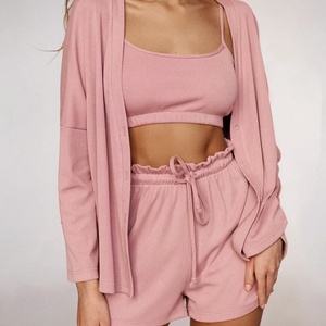 Personnalisation de pyjamas en tricot pour femmes, ensemble short 3 pièces, vêtements de nuit côtelés - Product Image 2