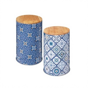Set Of 2 Different Design Wooden Food Storage Box In Blue Color Round Shape Kitchenware <b>Container</b> With Lids - Product Image 1
