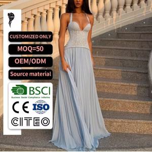 Vestido Largo Halter Azul Claro Fenity Gaia con Corsé de Encaje, Falda de Gasa Plisada, Vestido de Noche Formal, OEM Personalizado - Product Image 1