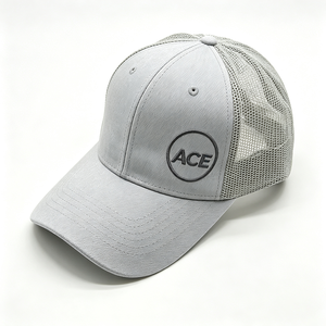 Custom Embossed ACE Circle Logo 6-Panel Trucker <b>Hat</b> <b>Light</b> Grey Polyester Front Mesh Back Adjustable Snapback Unisex Outdoor - Product Image 5