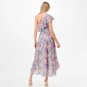 Verano 2024 diseño de moda poliéster estampado fuera del hombro volantes algodón floral vestido Maxi mujeres