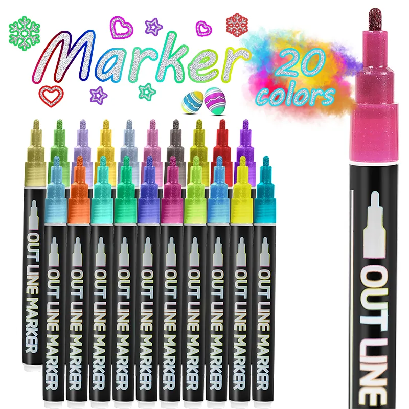 China Fabrikant 8 12 20 Kleuren Permanente Marker Verf Pen Dual Line Outline Metallic Marcadores Marker Pennen