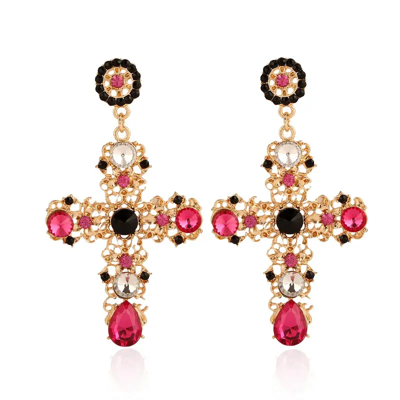 New Arrival Vintage Black Pink Crystal Cross Drop Earrings for Women Baroque Bohemian Large Long Earrings Jewelry 2023