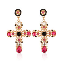 Nouvelle arrivée Vintage noir rose cristal croix boucles d'oreilles pour les femmes Baroque bohème grandes longues boucles d'oreilles bijoux 2023