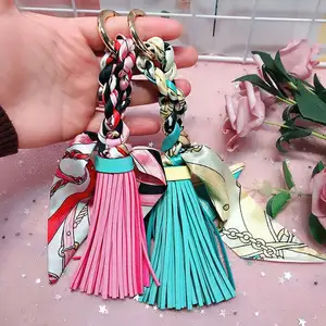 Leather Tassel Satin Silk Scarves Keychain Bowknot Scarf Keyring Holder Woman HandBag Car Purse Bag Key Chains Pendant