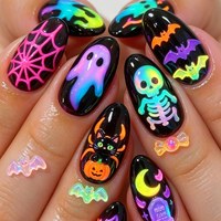 Faux ongles Halloween à presser, 30 pièces, motif fantôme, citrouille, araignée, noir pailleté arc-en-ciel, réutilisables pour cosplay, soins personnels, manucure DIY
