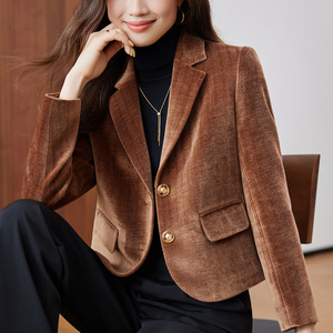 Women Velvet Blazer Black Short Professional Solid Color Polyester Fabric Women's Blazers - Product Image 2