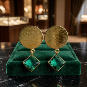 Antique <b>Gold</b> Plated Brass Drop <b>Earrings</b> With Green Crystal Princess Cut Geometric <b>Dangle</b> For Women Party Vintage Style - Product Image 2