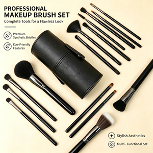 Juego de <span class=keywords><strong>Brochas</strong></span> de <span class=keywords><strong>Maquillaje</strong></span> Profesional de Alta Calidad EMF, 15 Piezas, Estuche con Mango de Madera Vegana Negra, con Corrector, Logotipo Personalizado, Lujo - Product Image 2