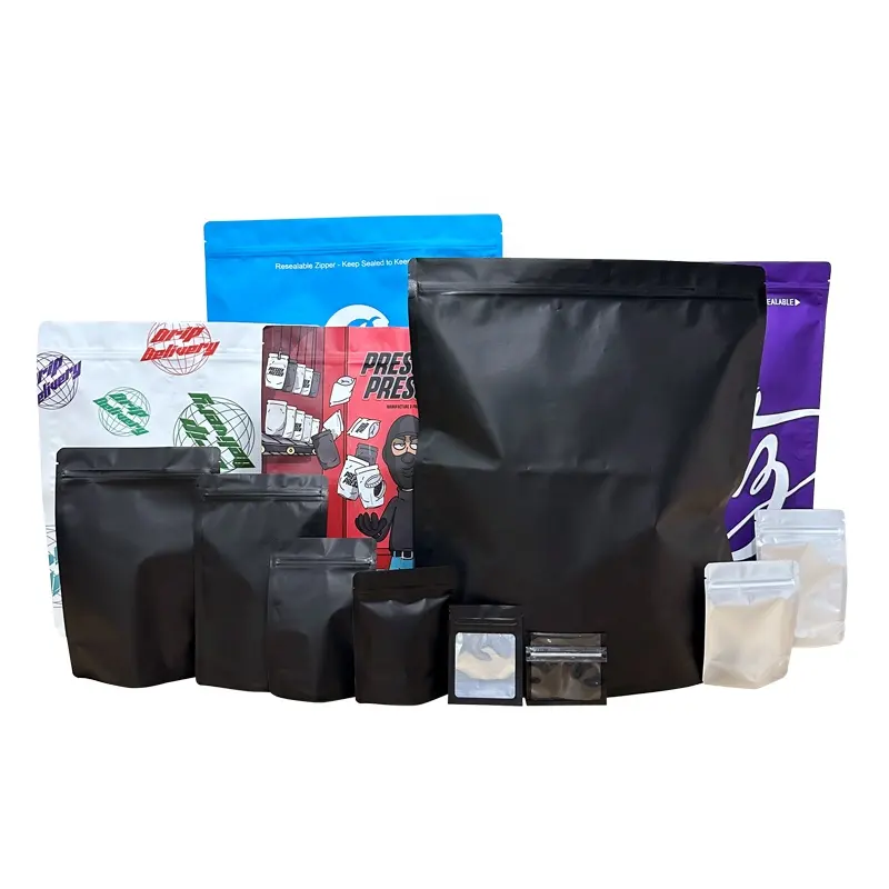 0,5g 1g 3,5g 7g 14g 28g 454g 1 Pfund Pfund Schwarz Matte Farbe Reiß verschluss Candy Bag Geruchs sicherer Beutel mit klarem Mylar Bag Custom ized Logo