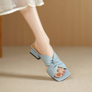 Summer Korean Style Genuine Leather Fashion Trend Comfortable Simple Slip-On Square-Toe Chunky Low-Heeled <b>Crossover</b> Ankle Strap - Product Image 4