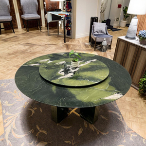 Mesa de cena redonda de lujo moderna de mármol natural verde importada para 6 patas de metal para uso doméstico y hotelero - Product Image 5