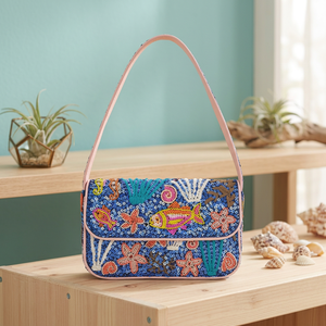 Handmade Blue <b>Pearl</b> Suede Fashion Evening Clutch <b>Bag</b> Soft Ocean Fish Starfish Pattern Flap Shoulder Handbag - Product Image 2