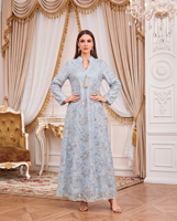 Robe longue maxi modeste pour adultes, col montant, broderie florale, sequins, polyester, pendentif à pompon, manches longues, col en V, style décontracté musulman