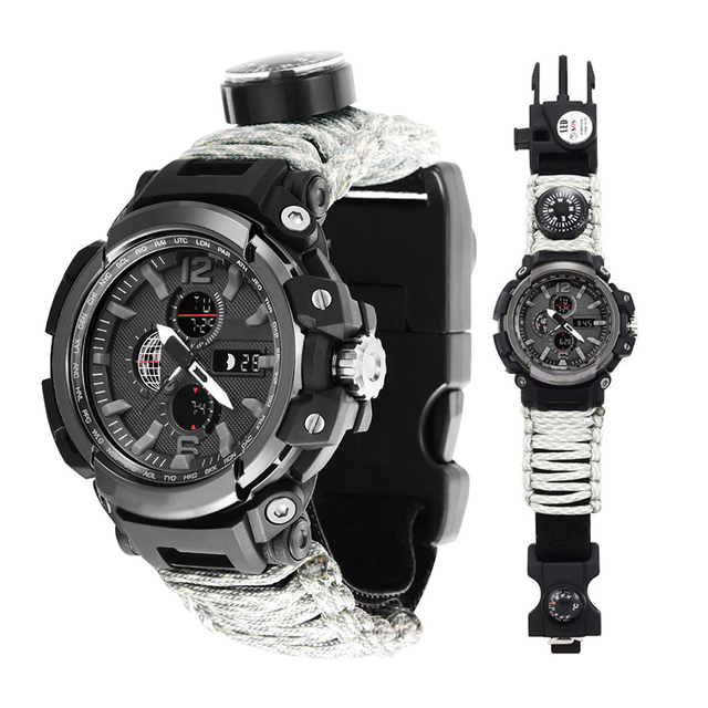 Outdoor Sports Multifunctional LED Lights Thermometer Whistle Scraper Poker Survival Tactics Watch