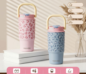 Gobelet isotherme portable 650 ml 500 ml en acier inoxydable 316 avec poignée à motif mignon, motif léopard et champignon, couvercle rabattable - Product Image 5