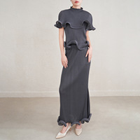 Conjunto de Dos Piezas de Verano para Mujer, Estilo Miyake Plisado, Top Informal Elegante y Falda Larga hasta el Tobillo, 100% Poliéster