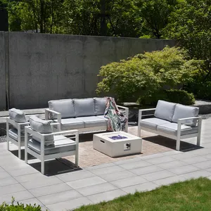 Fire Pit Table in White with Sofa Set Comfortable Seat Feeling Garden Outdoor Furniture